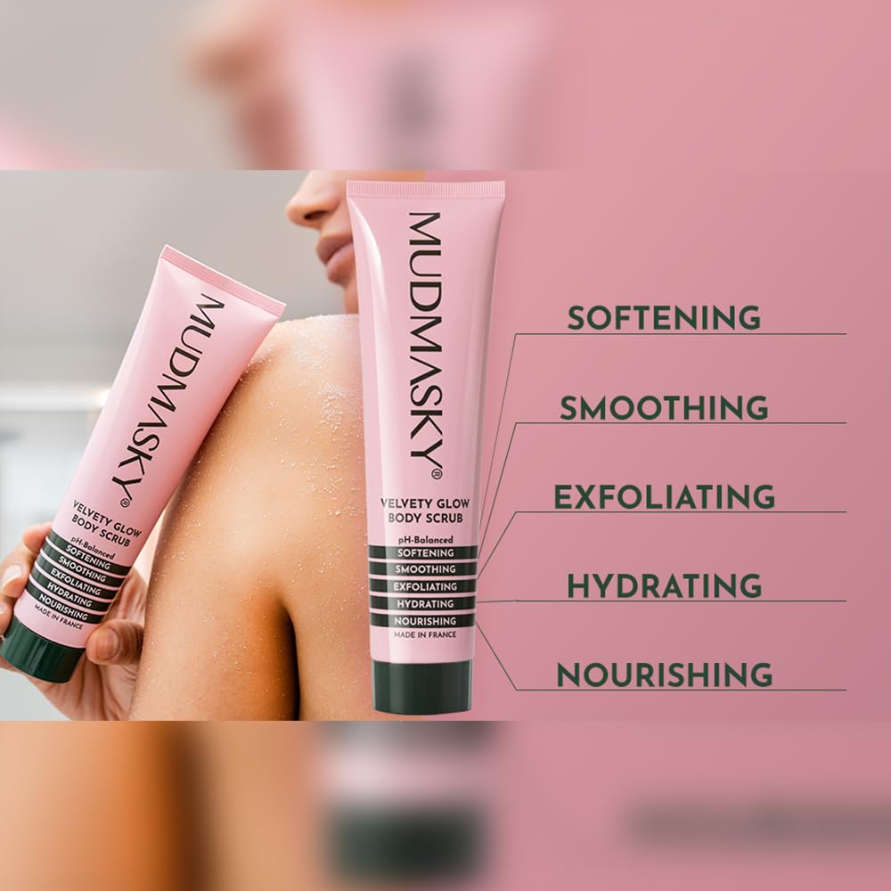 Mudmasky Velvety Glow Body Scrub made in France for premium self-care.