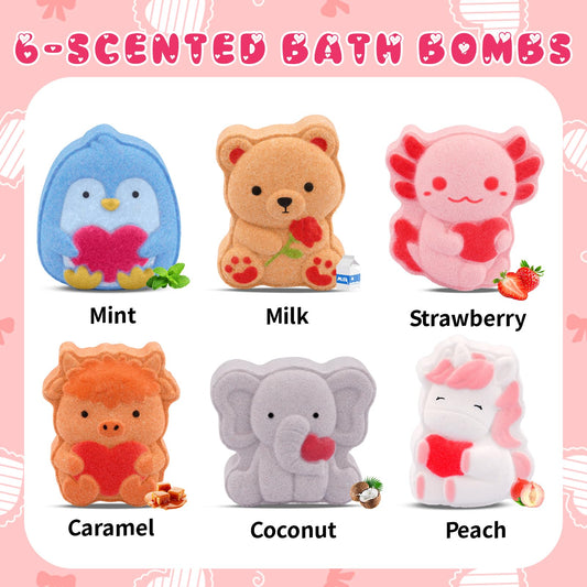 MUFEIRUO Valentines Bath Bombs six-piece box with adorable animal shapes for a gift-ready bath