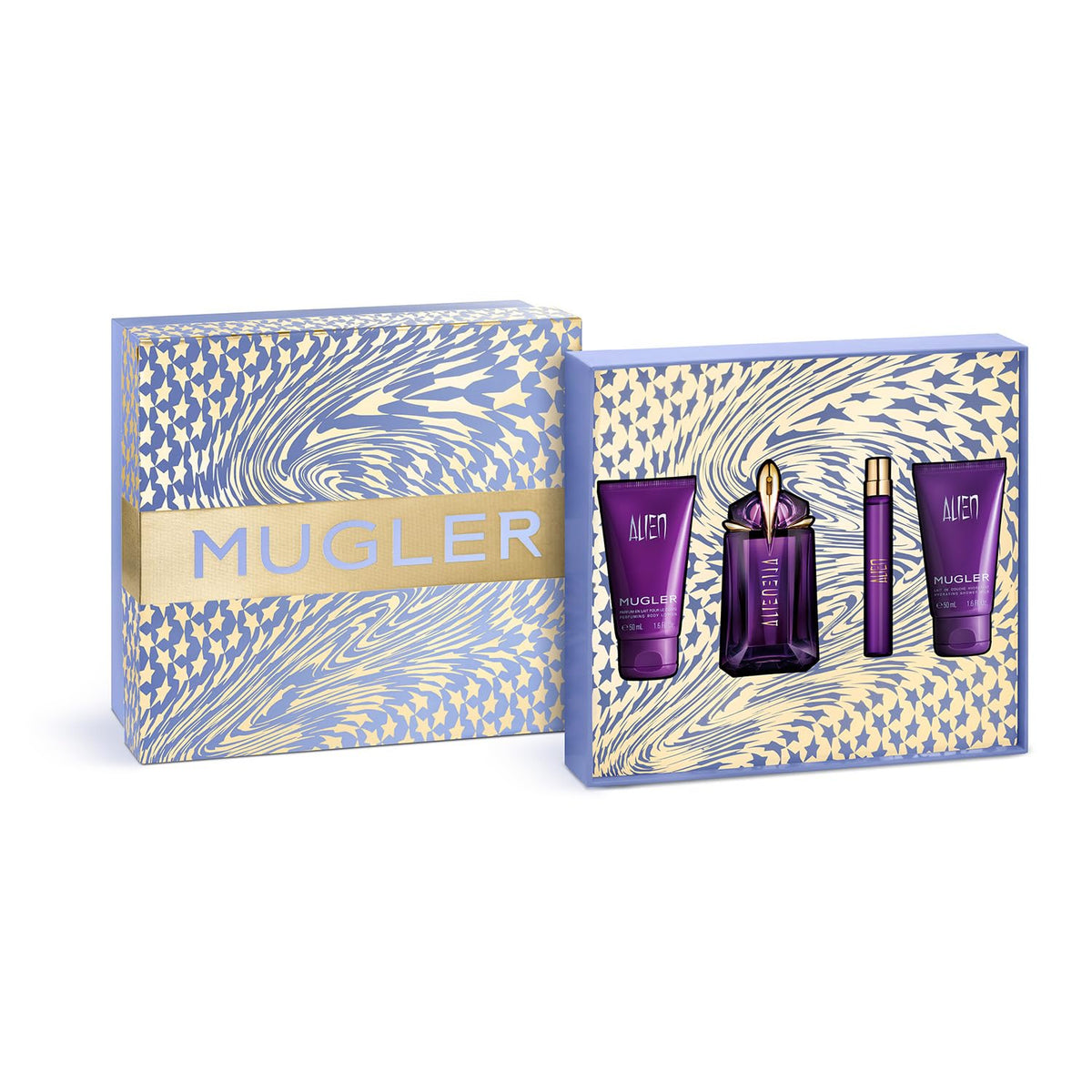 Mugler Alien 4-piece set: elegant EDP bottle centerpiece for gifting and fragrance layering.