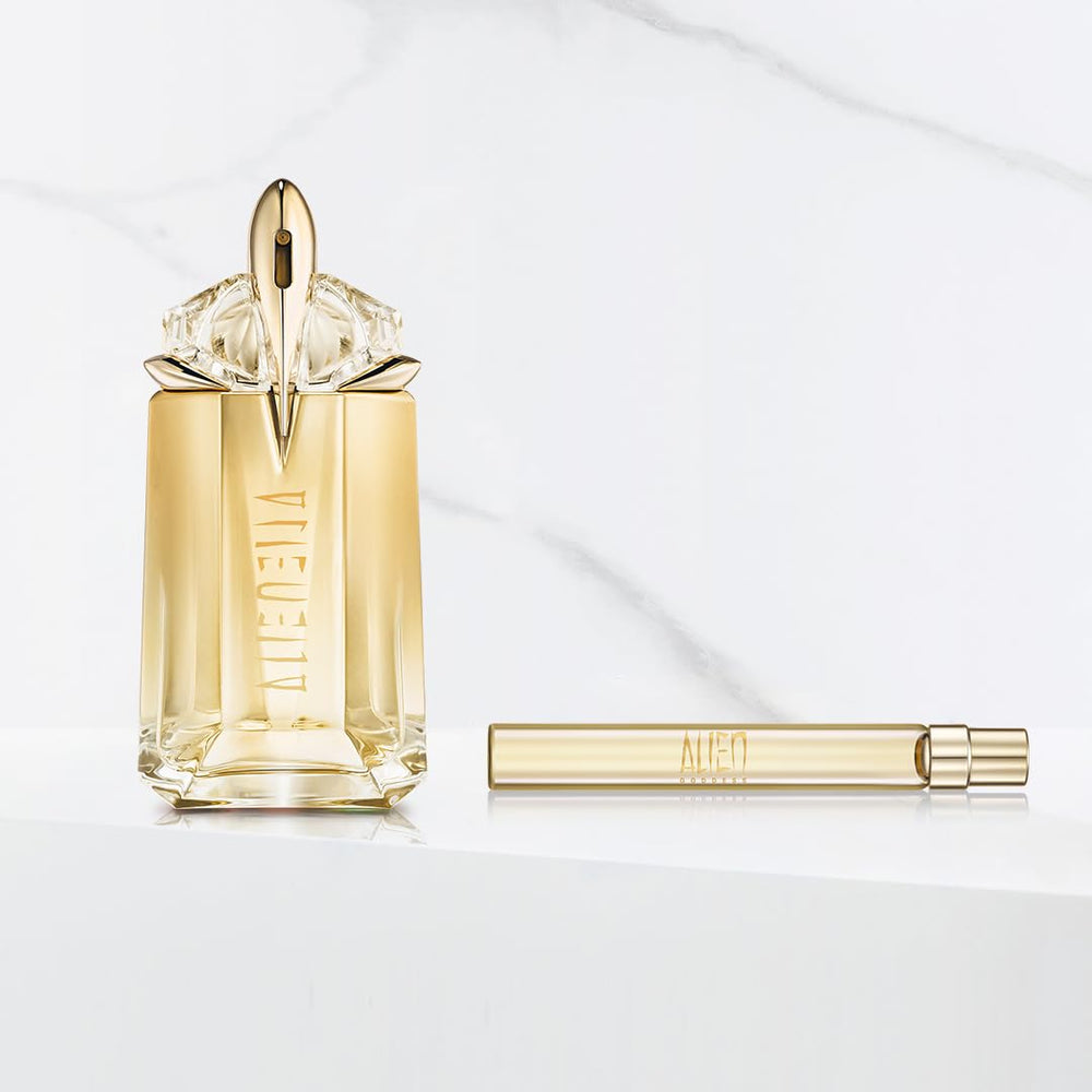 Mugler Alien Goddess bottle close-up showing premium design and cap detail.