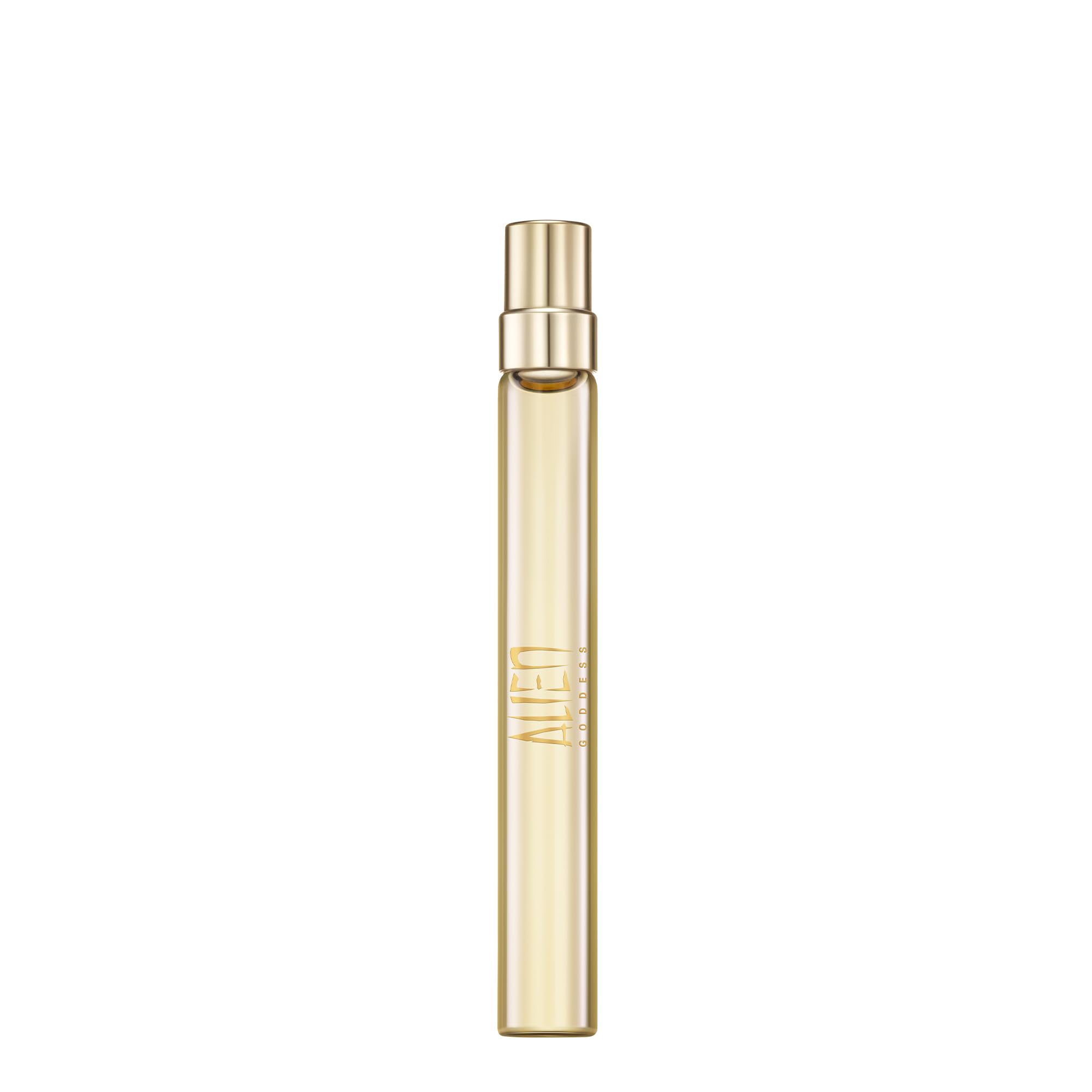 Mugler Alien Goddess bottle close-up with luxe glass and golden cap for premium presentation.