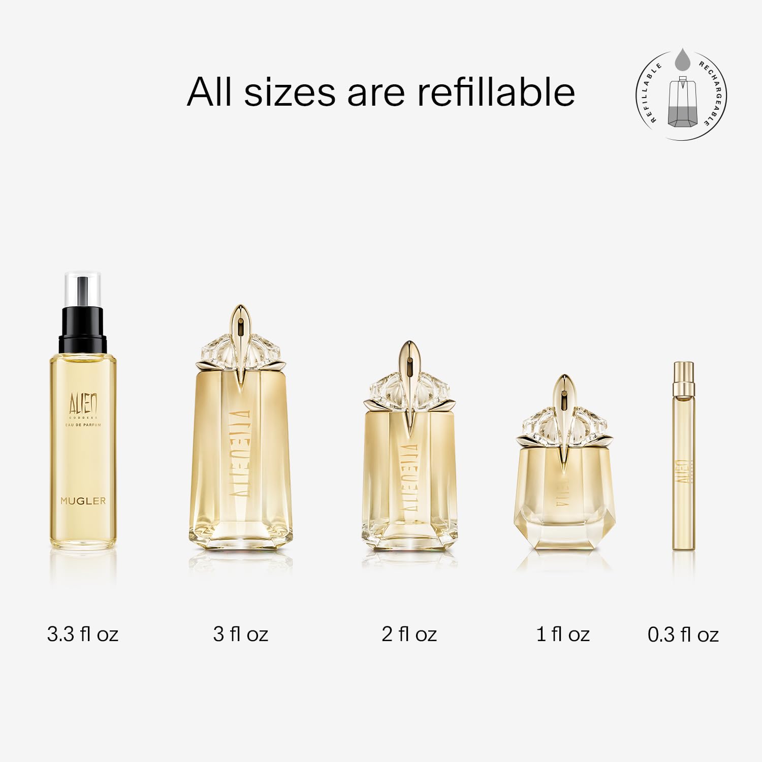 Mugler Alien Goddess refillable bottle highlights sustainable luxury design.