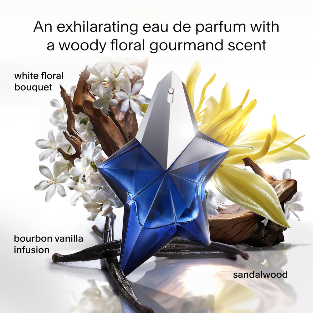 Mugler Angel Elixir packaging and scent imagery—blue branding for luxe evenings.