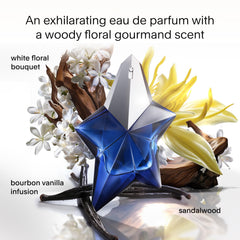 Mugler Angel Elixir packaging and scent imagery—blue branding for luxe evenings.