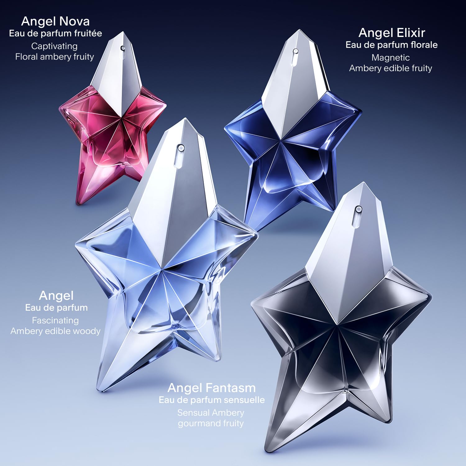 Mugler Angel Fantasm packaging display presenting elegant fragrance display in-store.