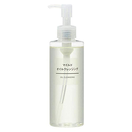 MUJI Mild Oil Cleansing Oil bottle demonstrates gentle makeup removal for all skin types