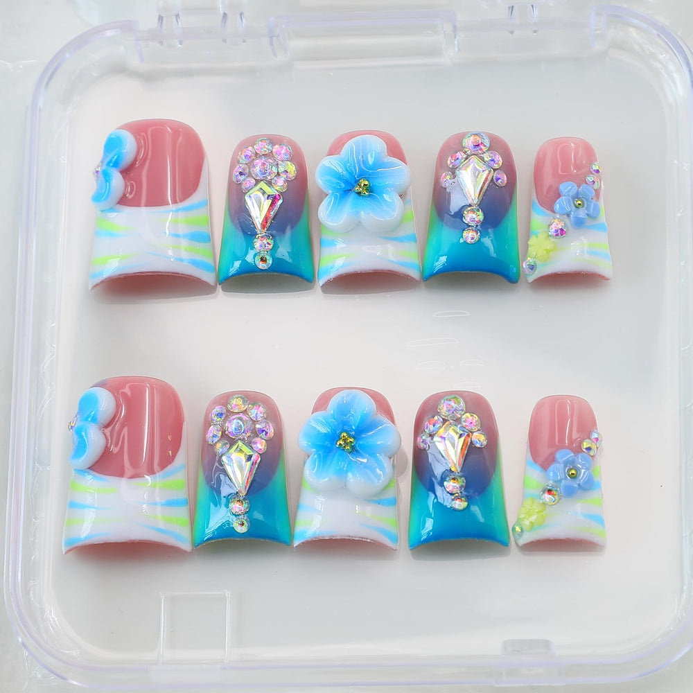 10Pcs Blue Flower Press On Nails multi-layer acrylic with glossy finish.