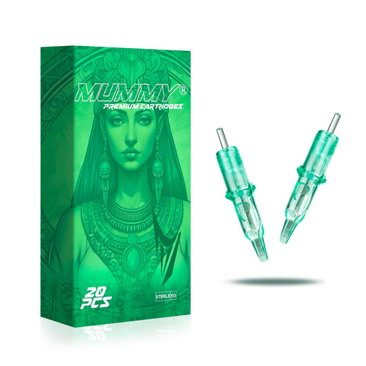 Mummy cartridge needles with 10 long-taper bugpin for precise lines.