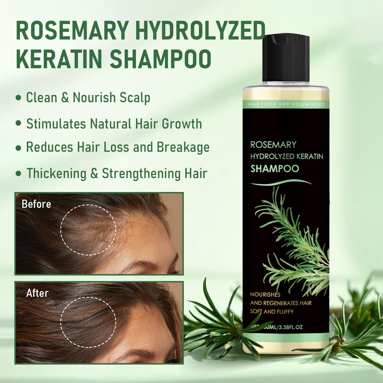 Muoyid rosemary hydrolyzed keratin shampoo label highlights organic rosemary blend for nourished strands