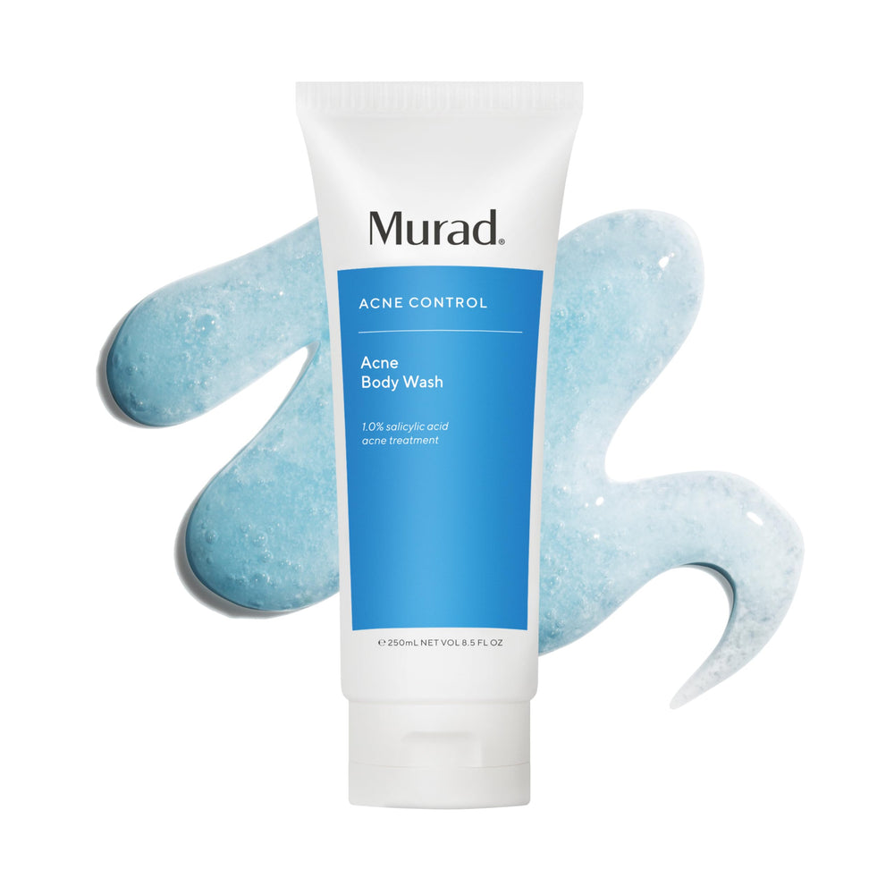 Murad Acne Body Wash bottle front highlighting acne-fighting formula for back, chest, and shoulders