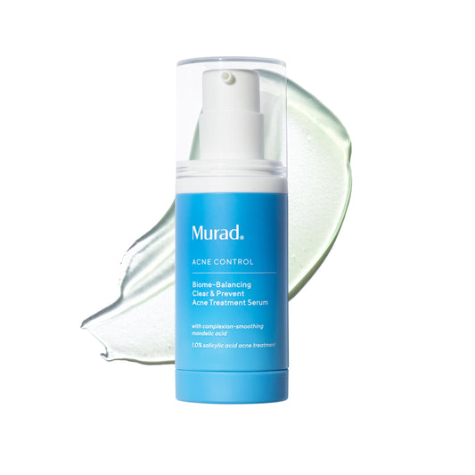 Murad Biome-Balancing Acne Serum bottle shows a lightweight, non-drying formula for daily use.