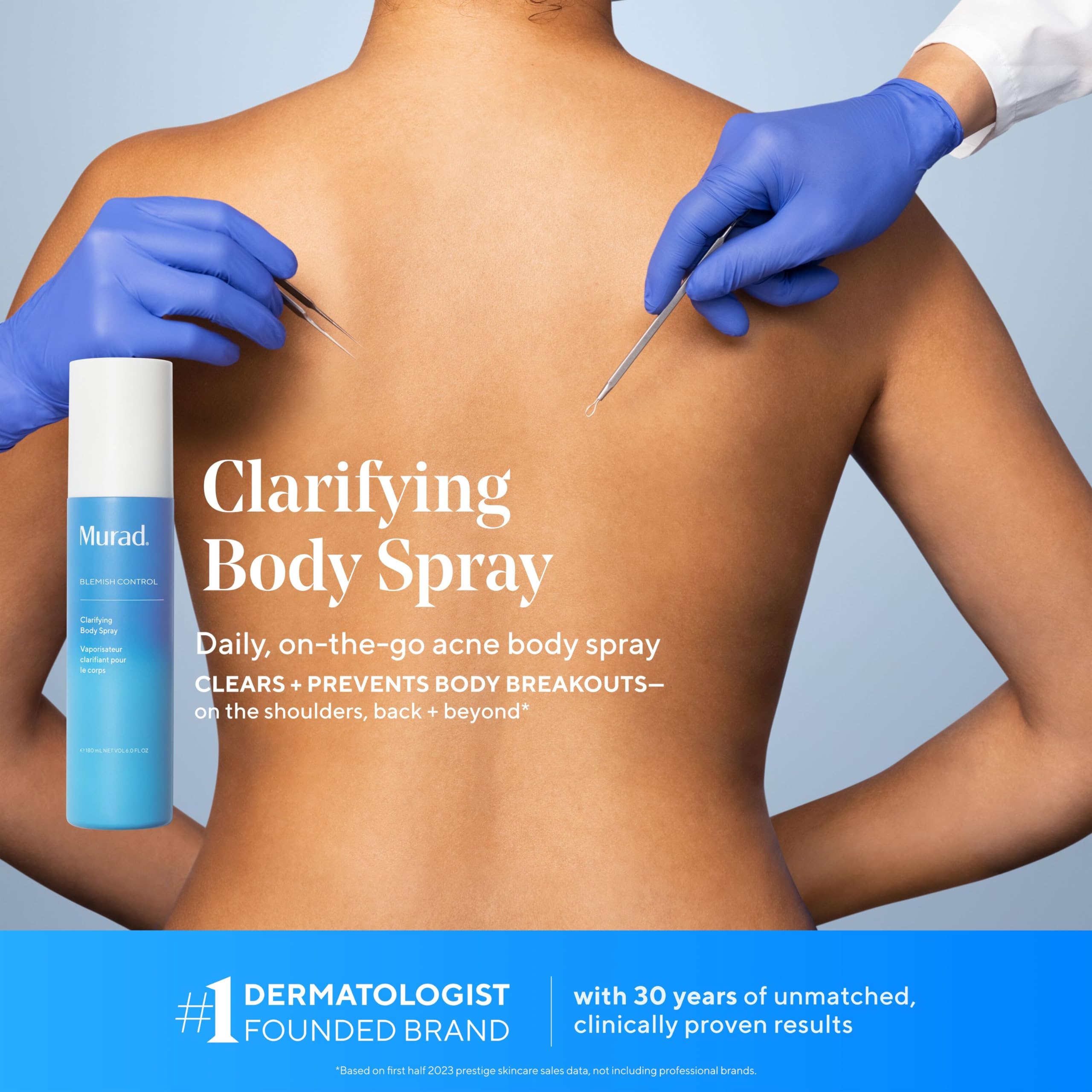 Murad Clarifying Body Spray closeup-label highlights salicylic acid and allantoin benefits.