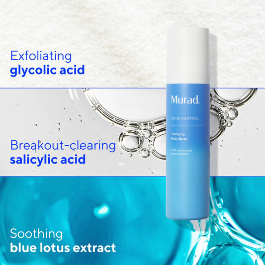 Murad Clarifying Body Spray pump-dispense enabling quick, precision application to active breakouts.