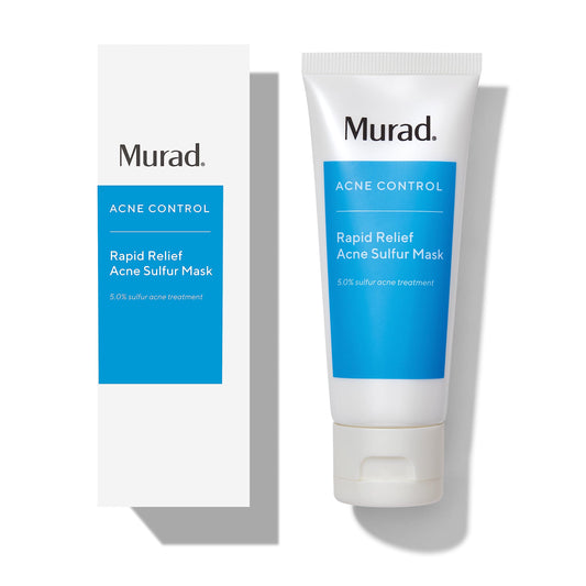 Murad Rapid Relief Acne Mask packaging highlights sulfur clay formula for oil control