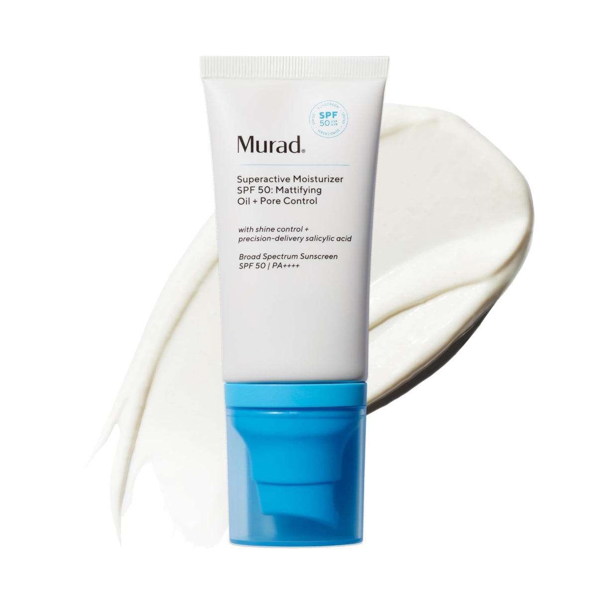 Murad Superactive SPF 50 bottle showing matte finish for shine-free skin.