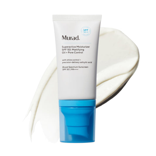 Murad Superactive SPF 50 bottle showing matte finish for shine-free skin.