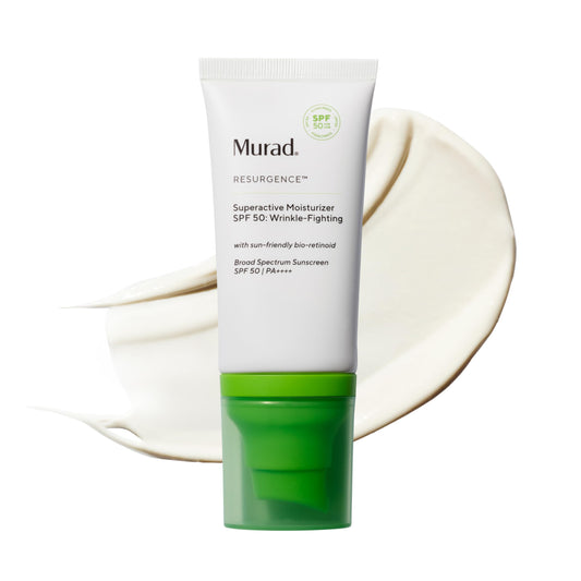Murad Superactive SPF 50 moisturizer in a jar visibly hydrating the skin with smooth texture
