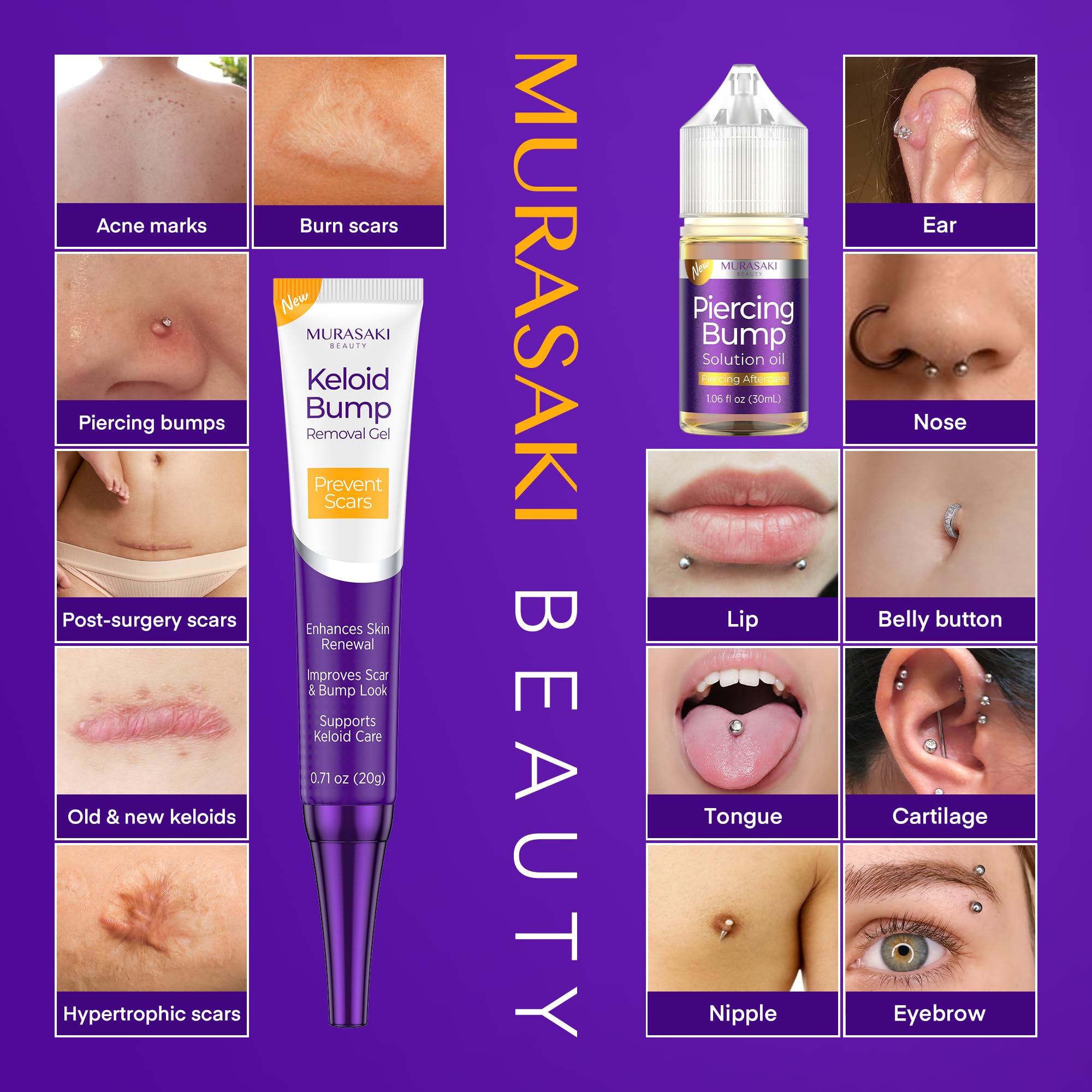 MURASAKI BEAUTY 2-step kit packaging display emphasizing complete piercing care.