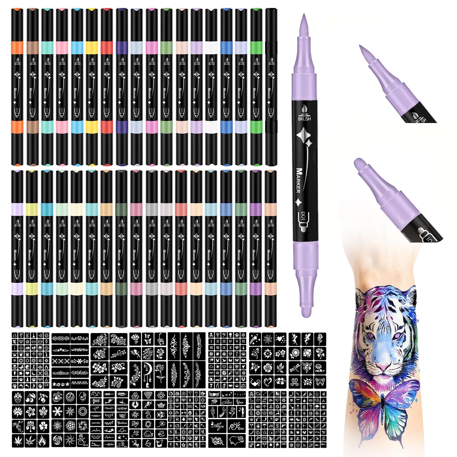 MUREND temporary tattoos markers kit with 36-color assortment for vibrant, creative designs.