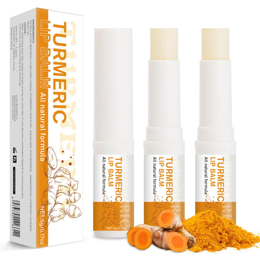 MUREND turmeric lip balm on lips, reducing darkness and smoothing texture.