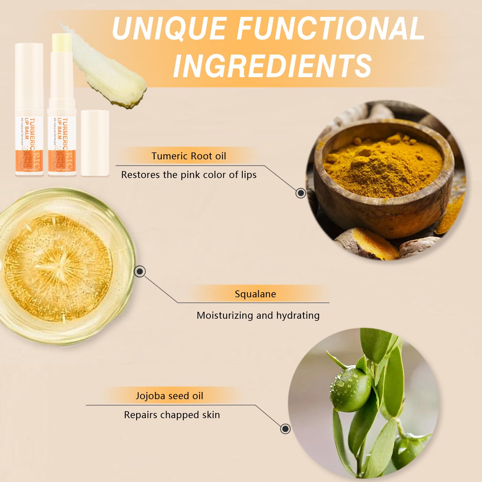 MUREND turmeric lip balm with oils nourishes lips for lasting moisture.