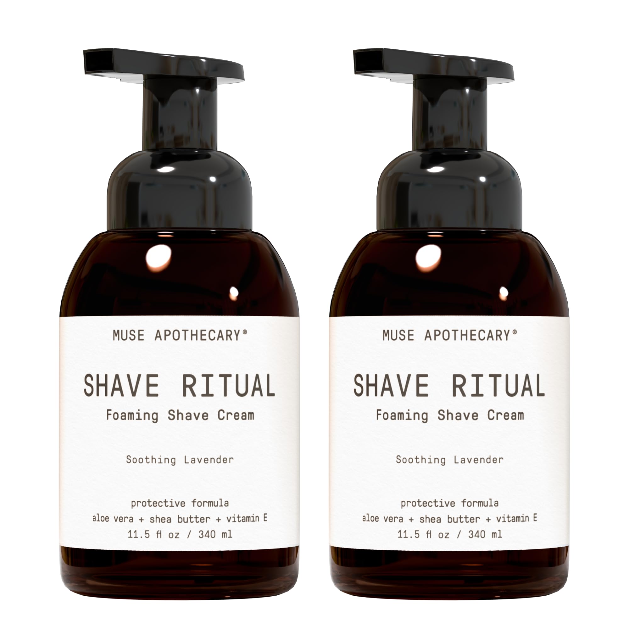 Muse Apothecary Foaming Shave Ritual bottle with creamy foam offering a soothing, smooth shave