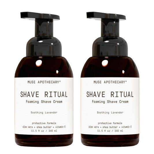 Muse Apothecary Foaming Shave Ritual bottle with creamy foam offering a soothing, smooth shave
