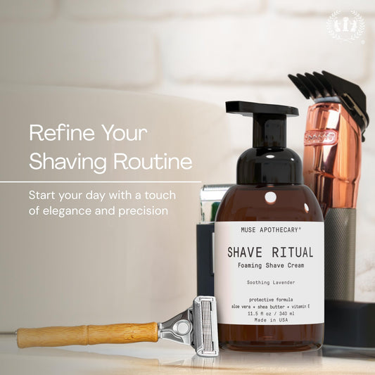 Close-up of Muse Apothecary Foaming Shave Ritual foam showing luxurious lather for glide