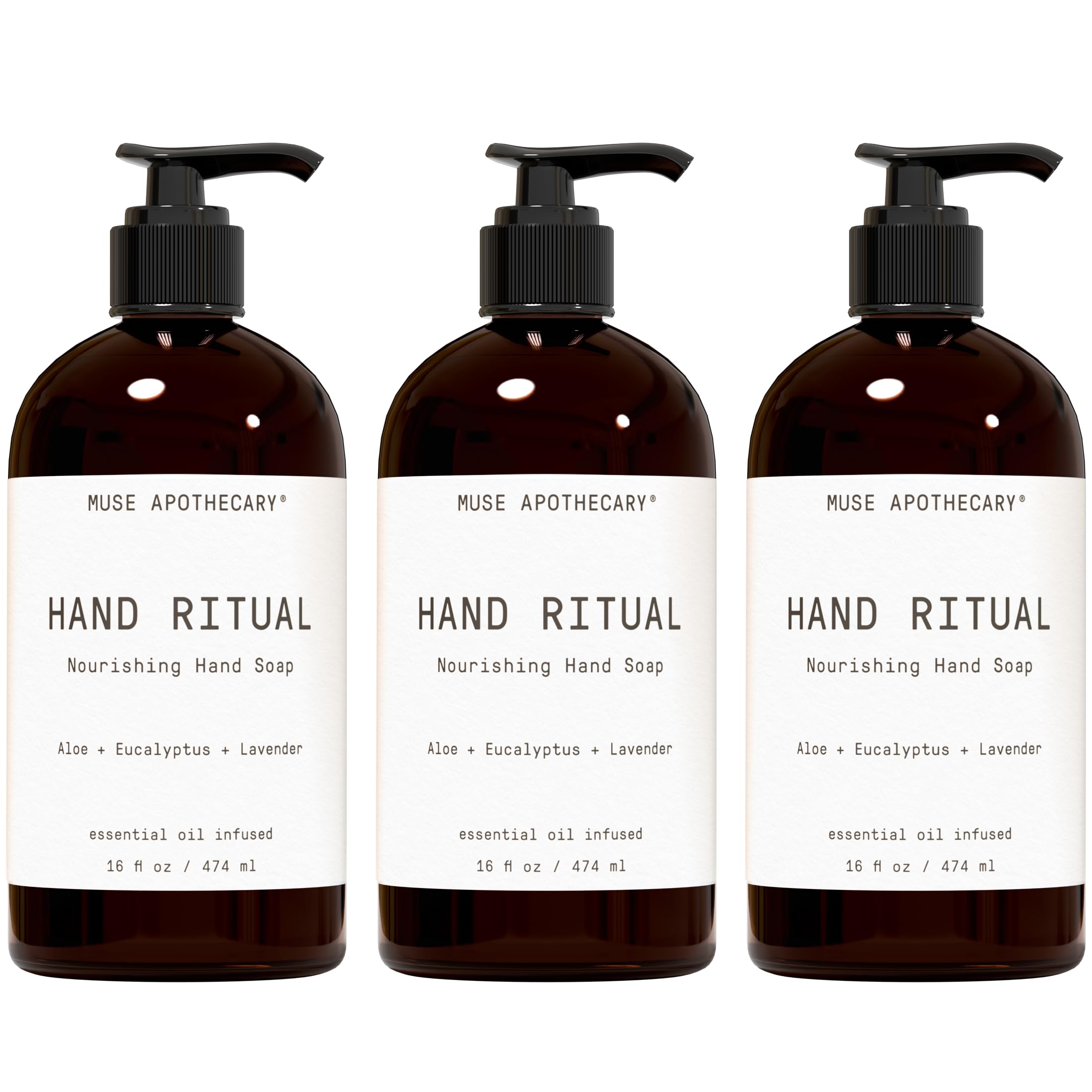 Muse Apothecary Hand Ritual bottle front showcases aromatherapy oils for a soothing cleanse.