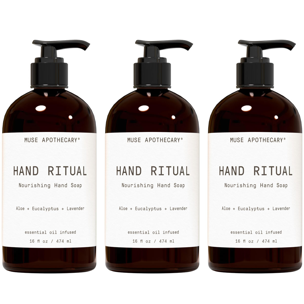 Muse Apothecary Hand Ritual bottle front showcases aromatherapy oils for a soothing cleanse.