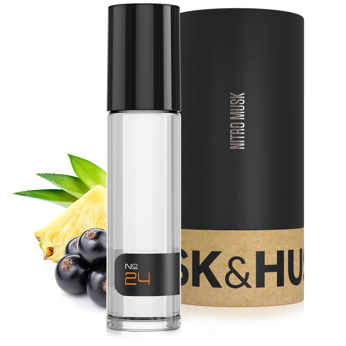 Musk & Hustle No.24 Creed Aventus-inspired bottle close-up for premium oil fragrance.