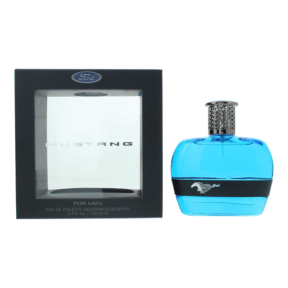 Mustang Blue EDT bottle pour, a fresh citrus opening for confident daily wear.