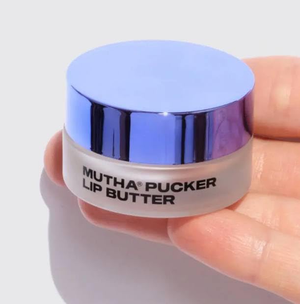 MUTHA Pucker Lip Butter Clear swatch on lips promoting smooth definition