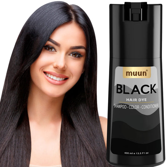Muun Black Hair Dye Shampoo bottle pour for easy application and color