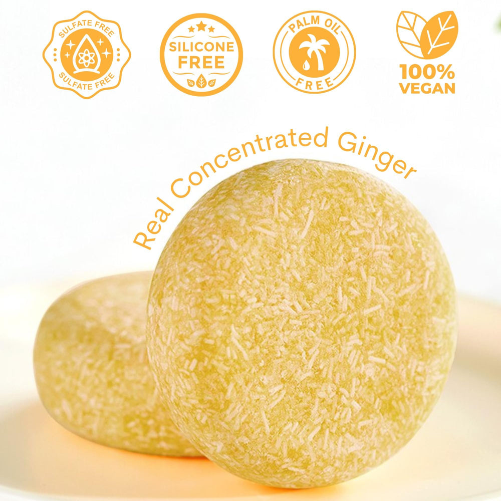 Muun Ginger shampoo bar Pack 3 sustainable packaging and plant-based formula shown.