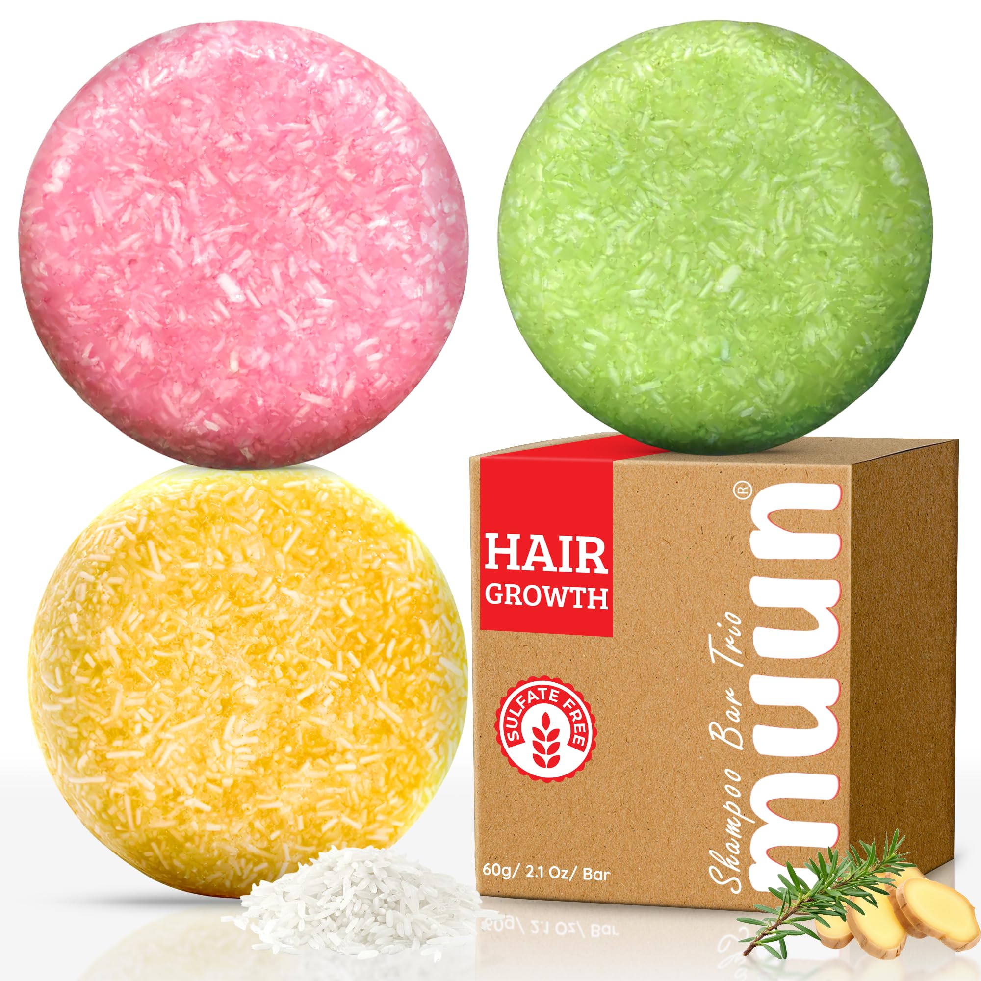 Muun ginger-rosemary-rice-water shampoo bar pack for all hair types