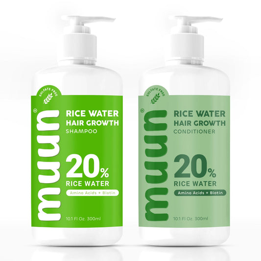 Muun Rice Water Shampoo bottle promoting hair vitality and cleansing
