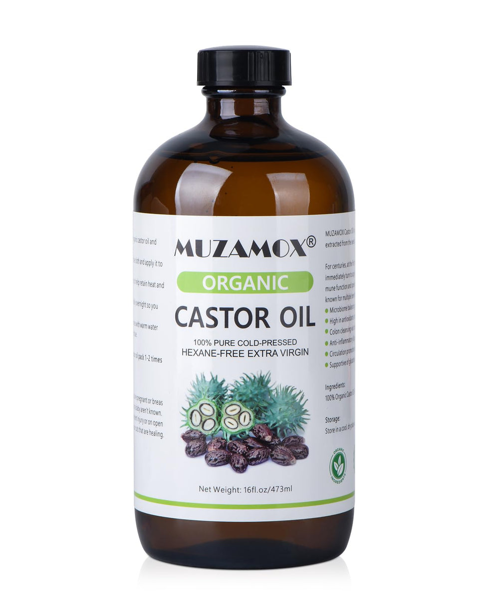 MUZAMOX castor oil in amber glass bottle for pure, hexane-free skin and hair use