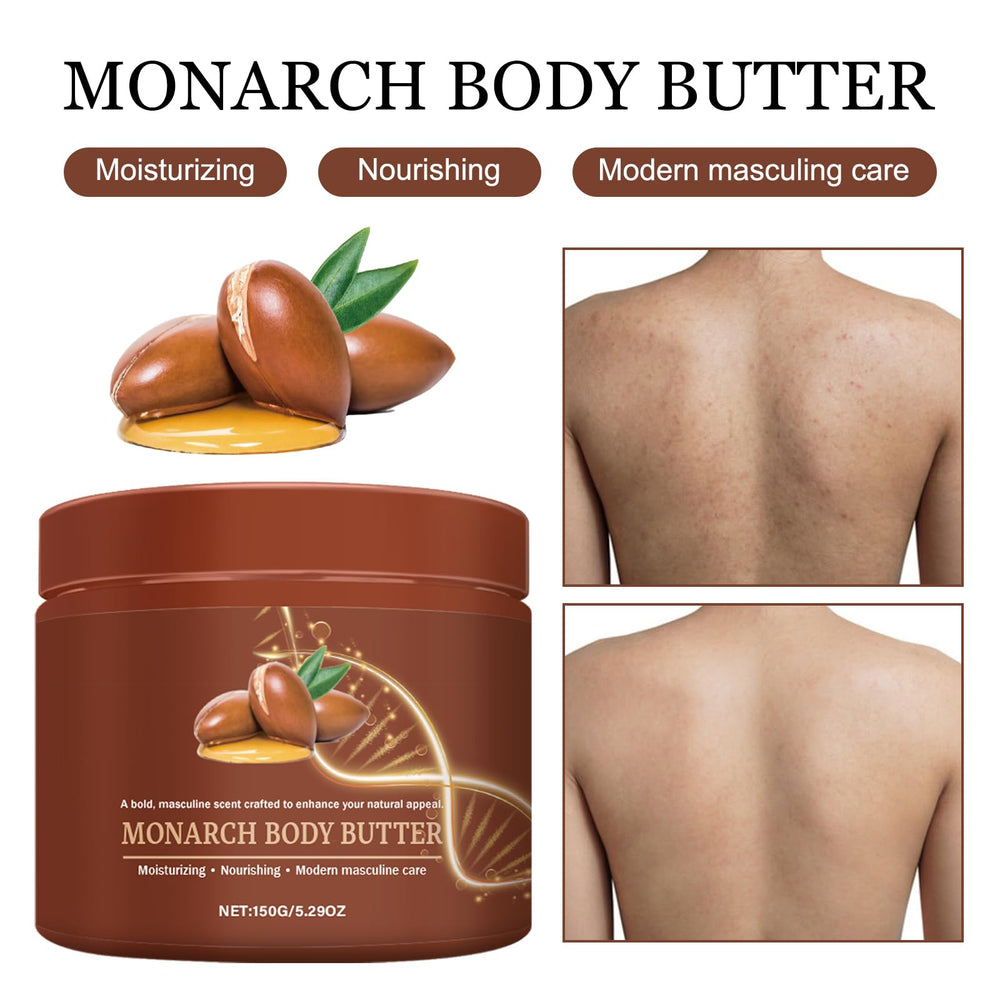 MVC Crowned Skin Body Butter for Men being applied to forearm, fast-absorbing moisture.