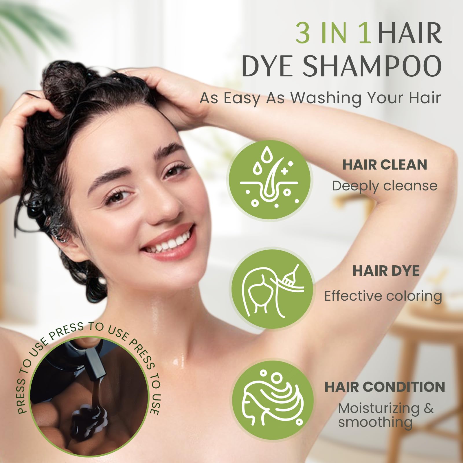 Mxvbaty 3-in-1 shampoo-dye application showing simple mix, dye, and dry steps.