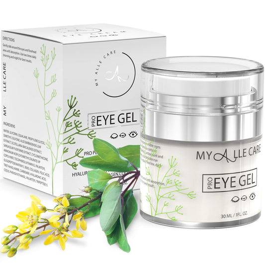 My Alle Care Eye Gel bottle close-up showing hydration benefits for under-eye care