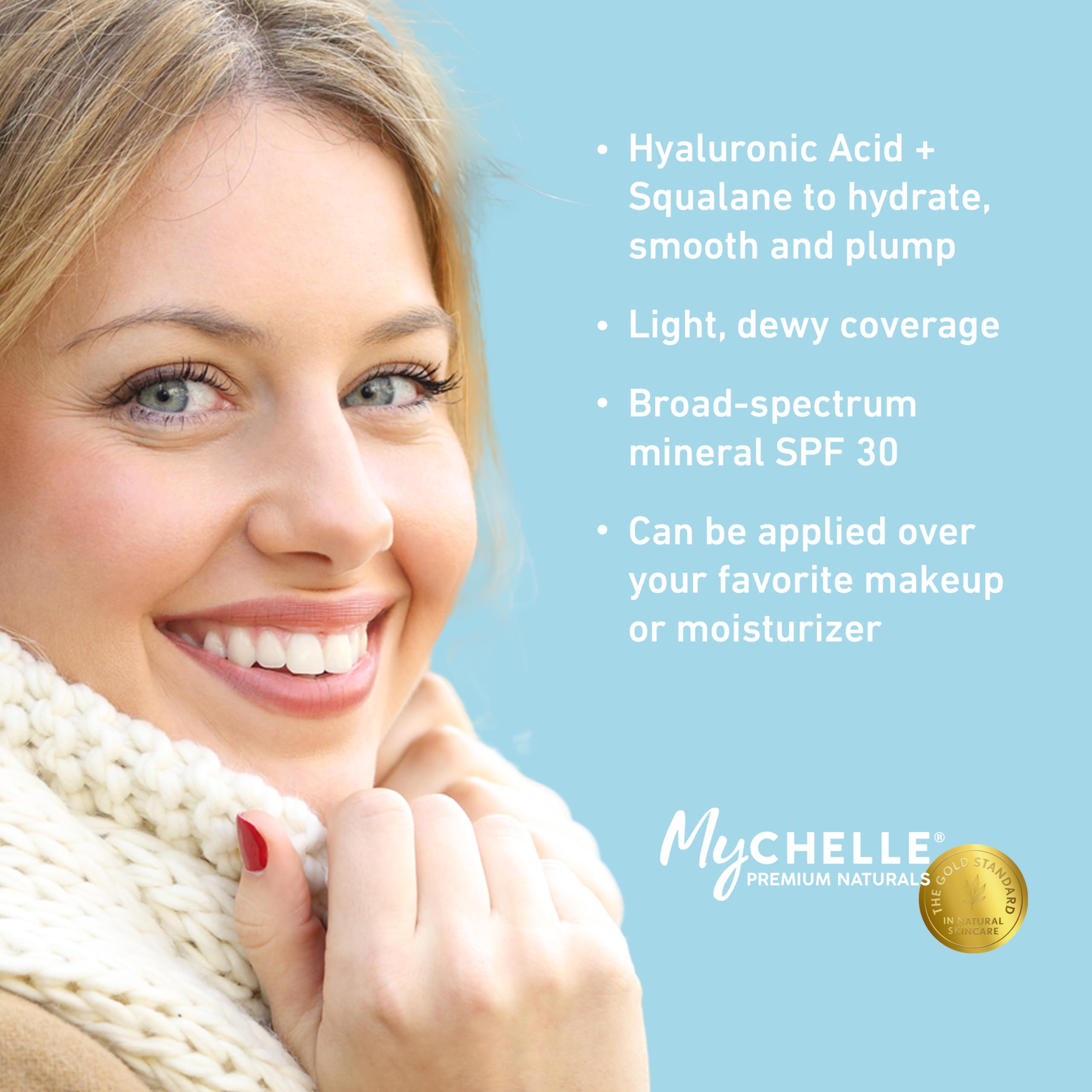 MyCHELLE Light Serum application swatch shows light coverage