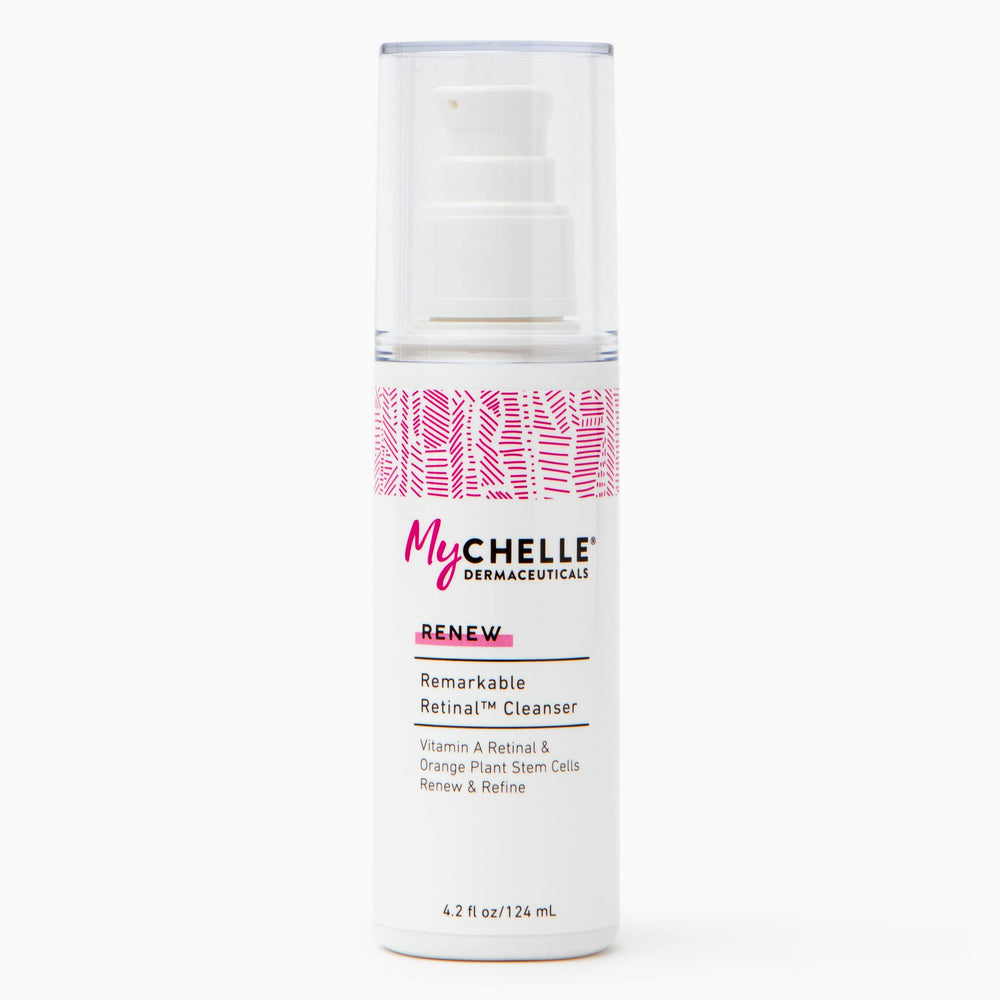 MyCHELLE Retinal Cleanser bottle highlights patent Vitamin A for renewal.