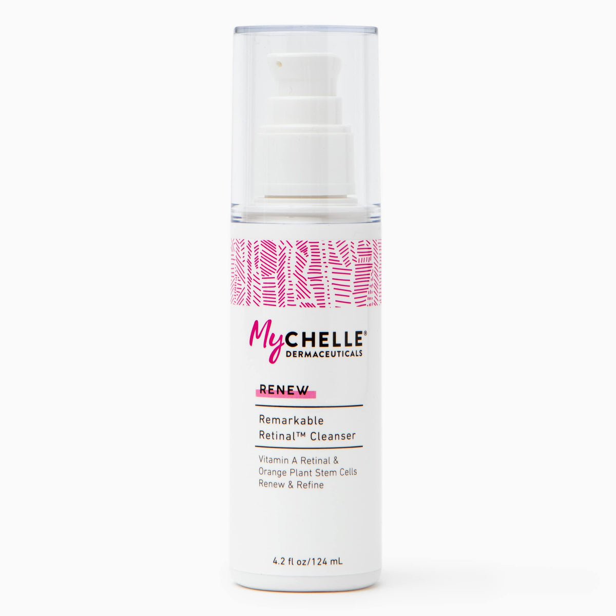 MyCHELLE Retinal Cleanser bottle highlights patent Vitamin A for renewal.