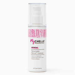 MyCHELLE Retinal Cleanser bottle highlights patent Vitamin A for renewal.