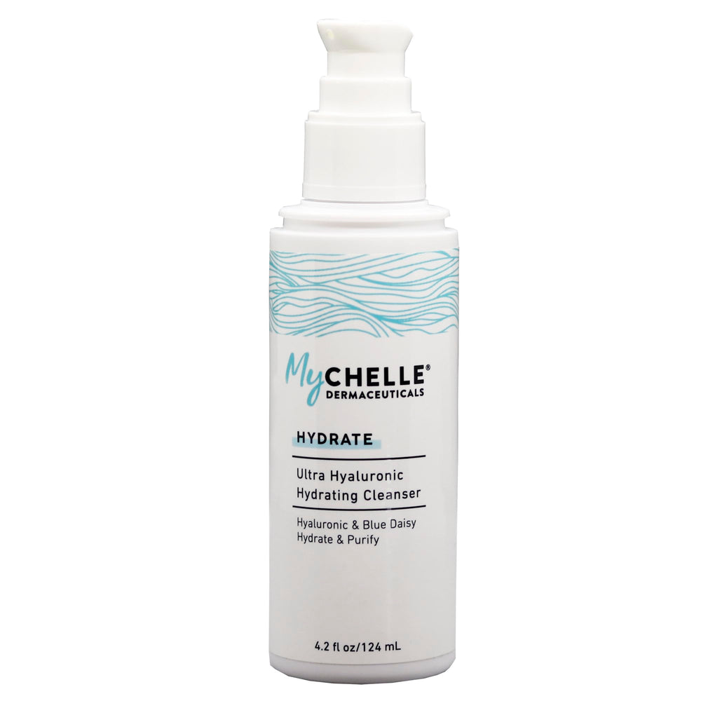 MyCHELLE Ultra Hyaluronic Hydrating Cleanser bottle for gentle daily hydration.