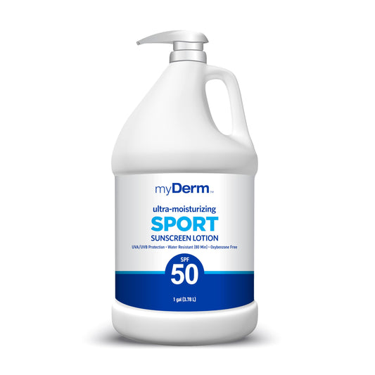 MyDerm SPF 50 sunscreen bottle, 1 gallon, ideal for family outdoor protection.