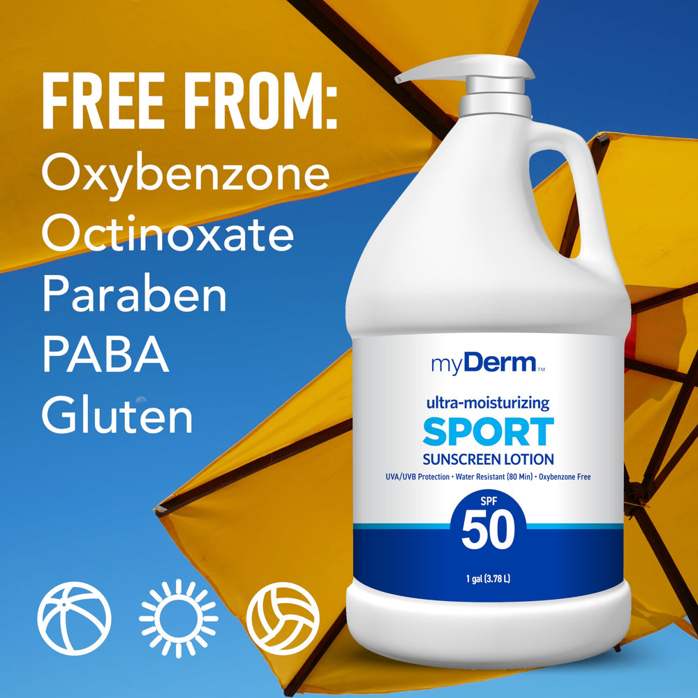 MyDerm water-resistant sunscreen supports workouts and swimming sessions.