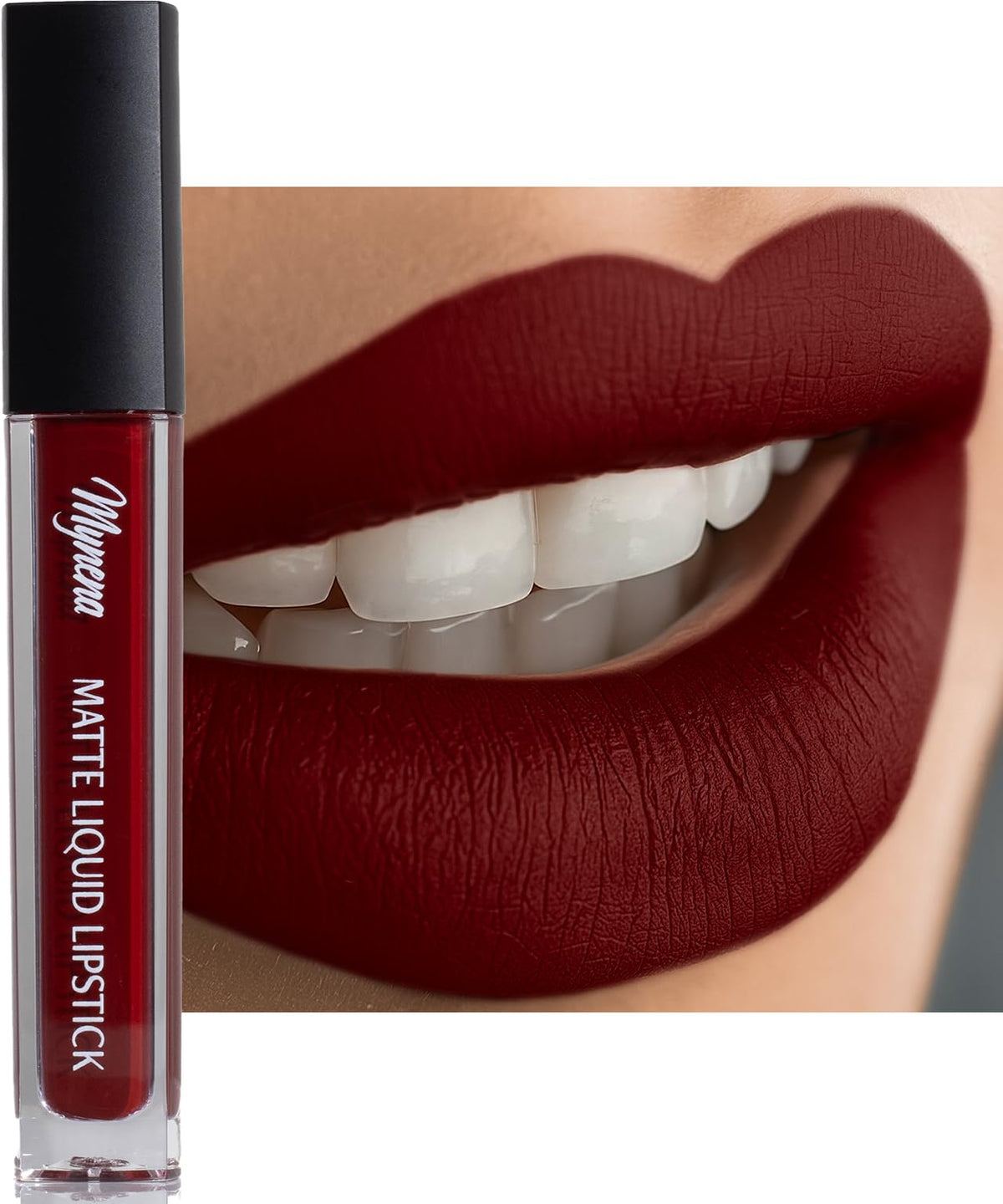 Mynena Burgundy Red Matte Lipstick bottle shows rich color and smooth finish.