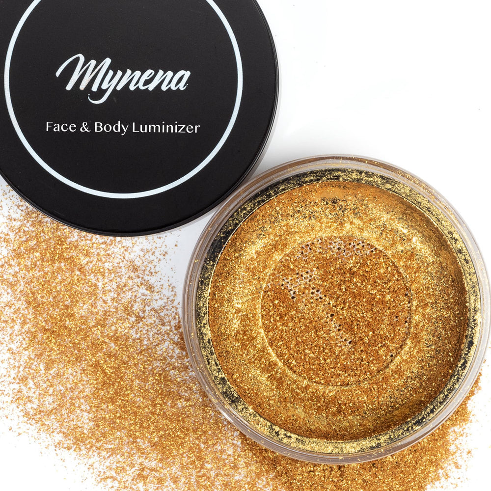 Mynena Golden Face Highlighter packaging close-up with premium vegan shimmer.